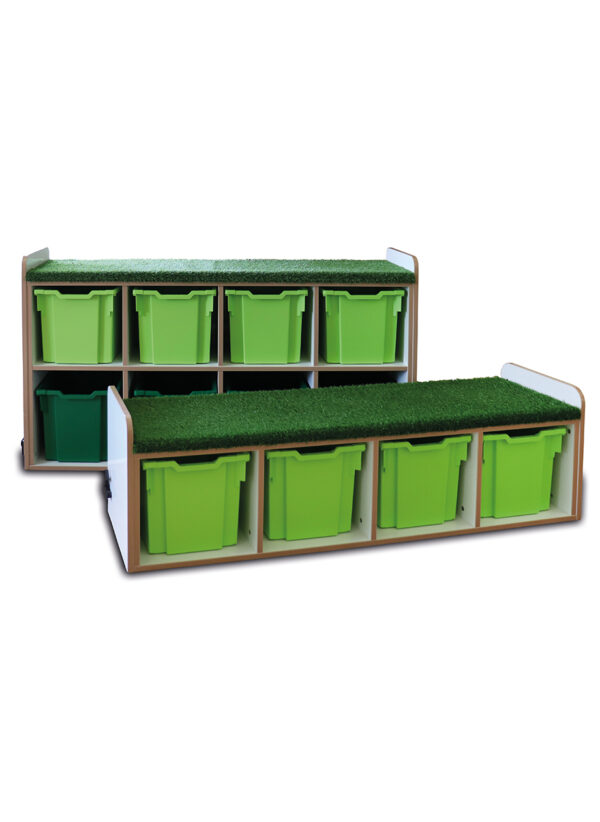 Two rows of Learning Rooms furniture with green jumbo trays.