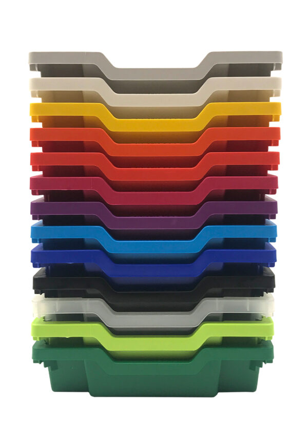 A stack of Gratnells Standard Trays in multiple colours.